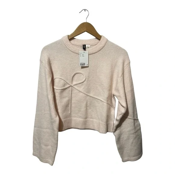 H&M Appliquéd Sweater Light Dusty Pink Bow 2XS Long Sleeve Knit Divided NWT - Picture 3 of 6
